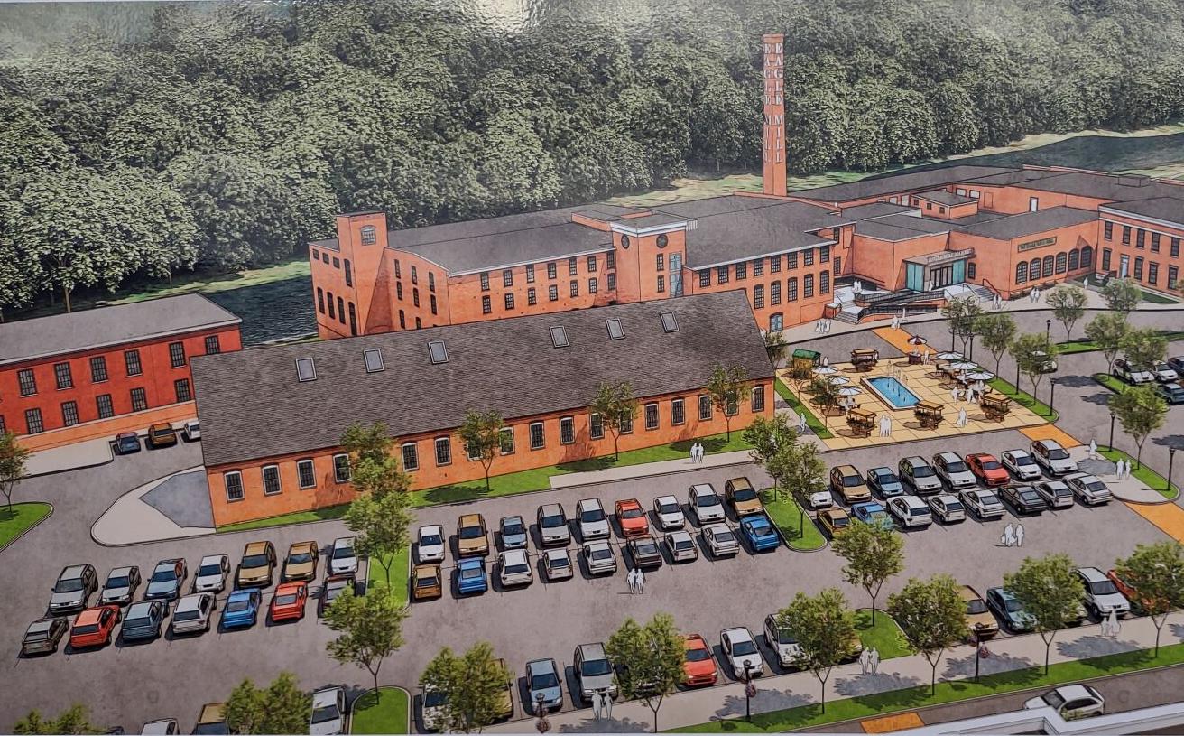 Ariel architect's rendering of redeveloped Eagle Mill in Lee